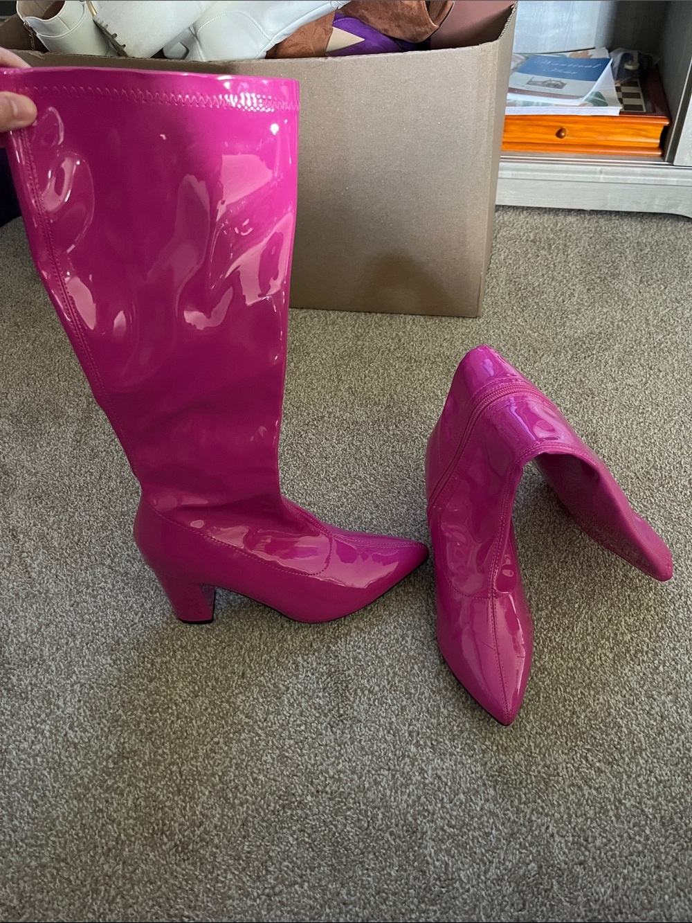 SHEIN Hot Pink Patent Knee-High Block Heel Boots
